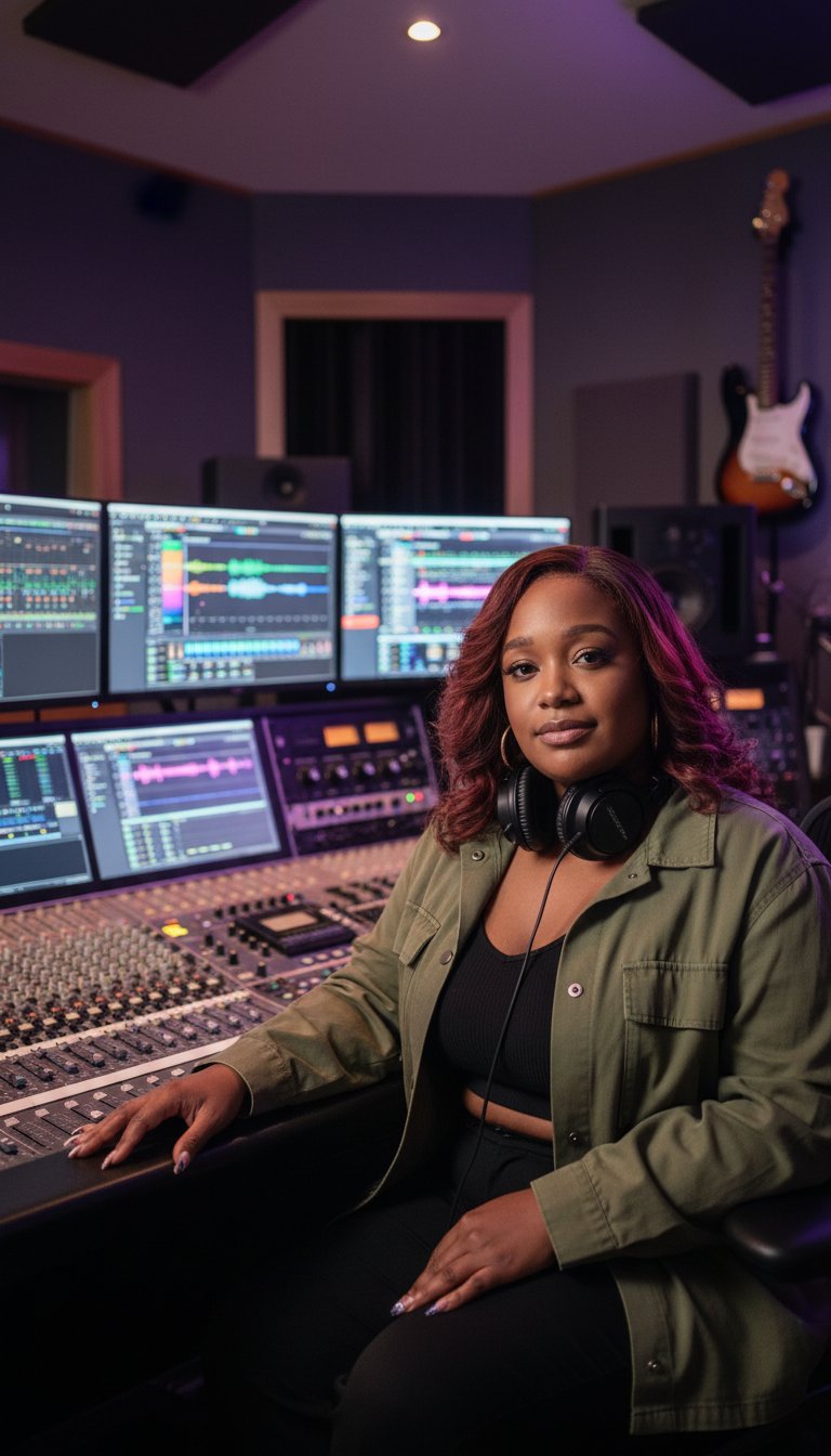 Regina Monae in the studio at the console