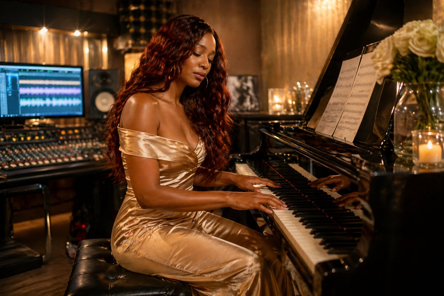 Regina Monae in a gold satin gown at a grand piano in a candlelit recording studio